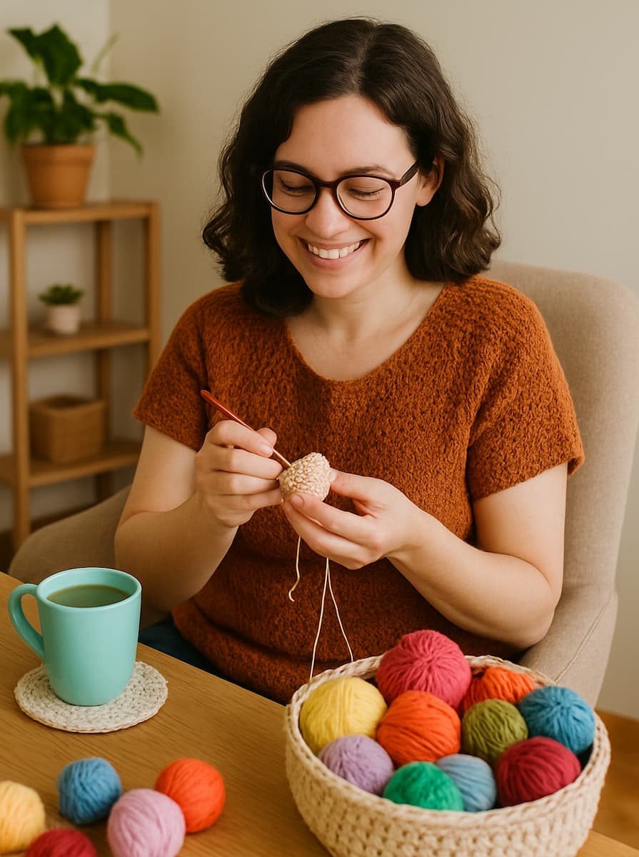 mujer tejiendo prendas a crochet con amor
