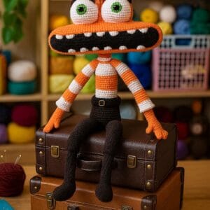 Muñeco amigurumi Ansiedad tejido a crochet, con ojos grandes y pelos parados, sentado sobre un baúl en un taller artesanal.