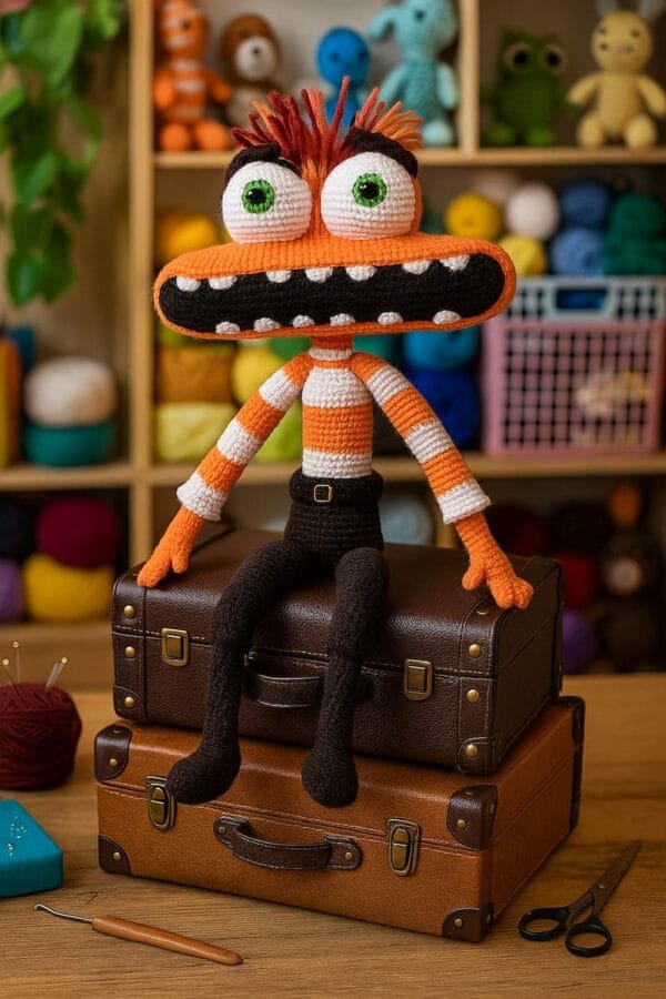 Muñeco amigurumi Ansiedad tejido a crochet, con ojos grandes y pelos parados, sentado sobre un baúl en un taller artesanal.