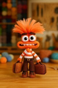 Muñeco Ansiedad amigurumi tejido a crochet, con pelo naranja alborotado y camiseta rayada, sosteniendo dos valijas sobre una mesa en un taller de amigurumis desenfocado.