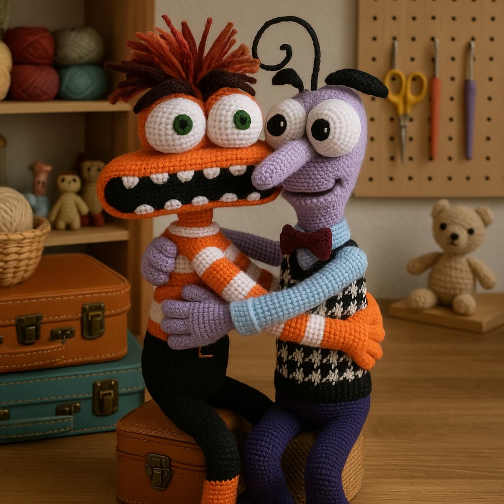 Muñecos amigurumi tejidos a crochet, Ansiedad con pelo naranja y su amigo de color violeta abrazándose, sentados sobre una mesa en un taller artesanal desenfocado.