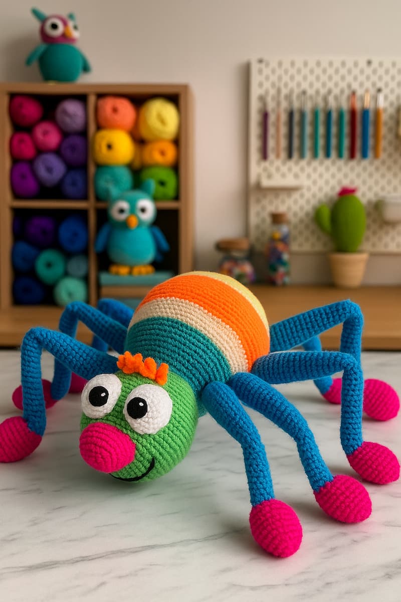 Araña amigurumi tejida a crochet con cuerpo colorido y patas azules, sobre una superficie clara. Diseño divertido ideal para niños o decoración.