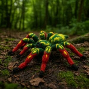 Amigurumi de araña tarántula con patas rojas y cuerpo en tonos verdes y amarillos, colocado sobre un suelo de bosque con hojas secas y musgo, en un entorno natural y frondoso.