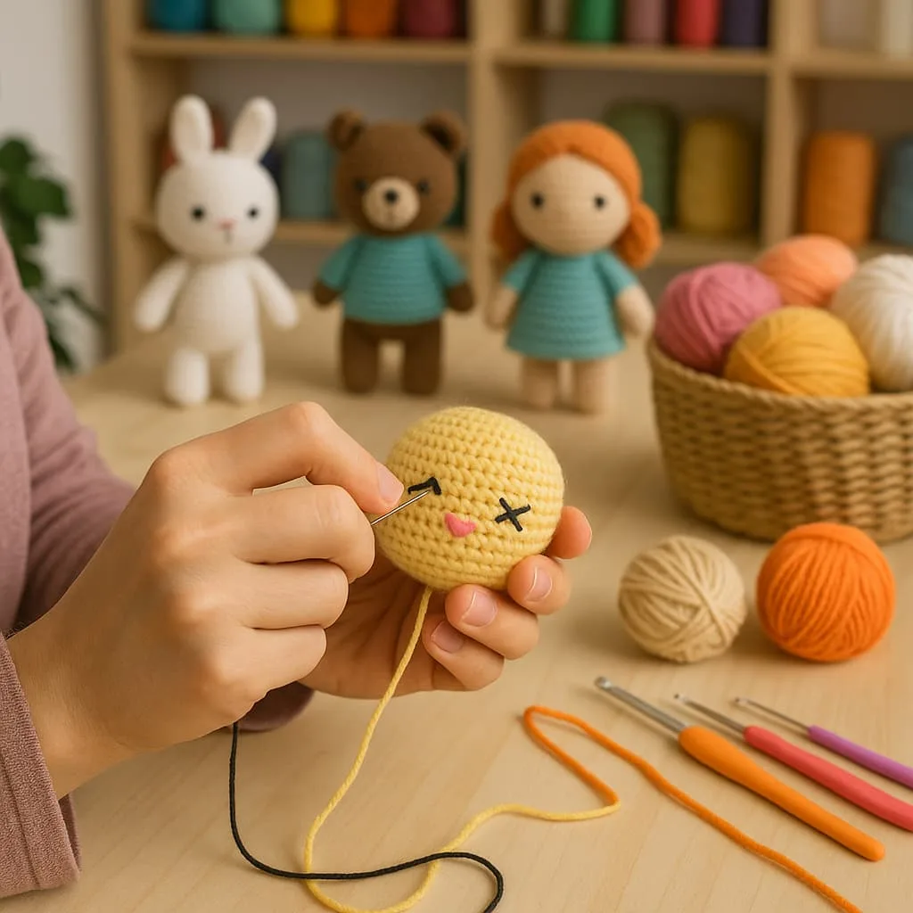 Persona bordando a mano los detalles de la carita de un amigurumi, en un ambiente cálido de taller rodeado de lanas, hilos y muñecos tejidos.