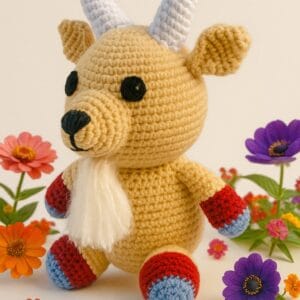 cabra amigurumi rodeada de flores