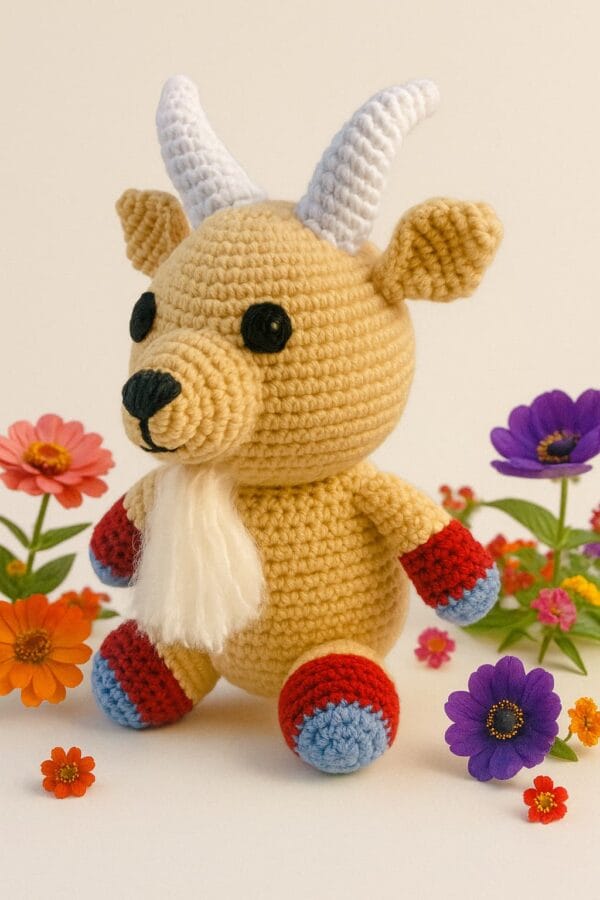 cabra amigurumi rodeada de flores