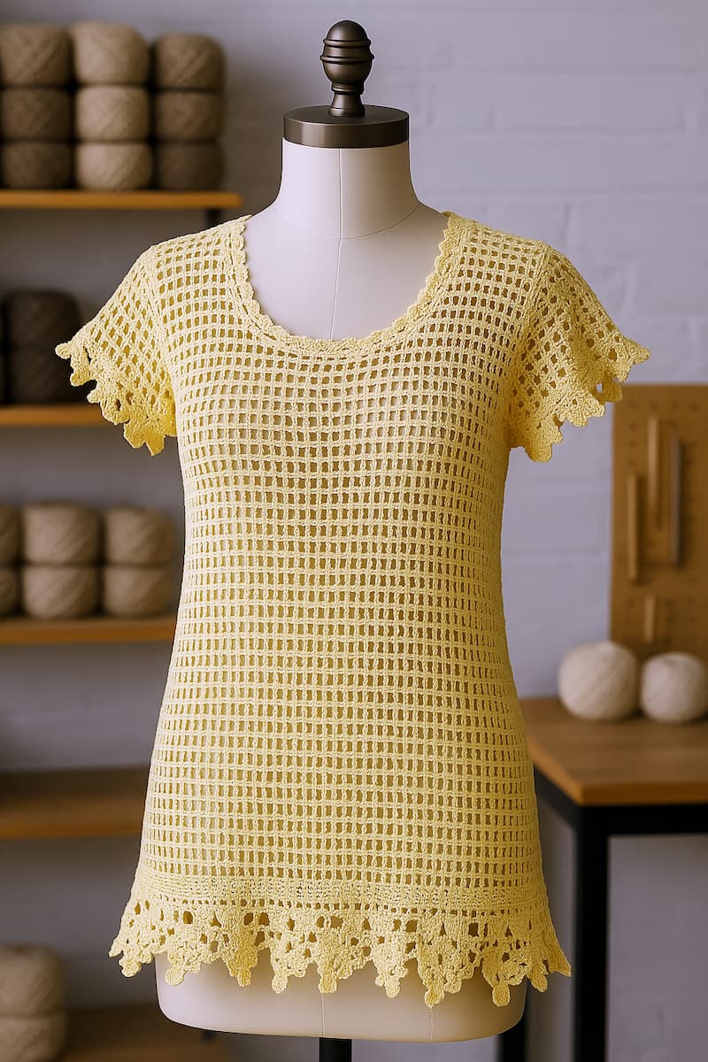camisola calada tejida a crochet en color amarillo mantequilla, presentado sobre un maniquí. La prenda muestra una textura calada y delicada con forma ajustada, ideal para climas templados. El fondo recrea un taller artesanal de tejidos, con ovillos, herramientas y superficies de madera que resaltan el carácter hecho a mano y natural de la escena.