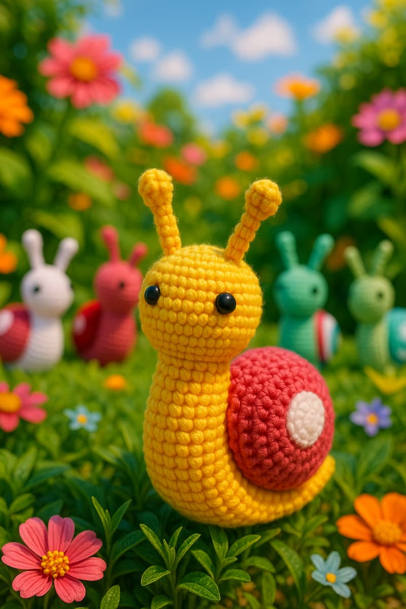 caracol amigurumi de colores vivrantes en un jardin de flores