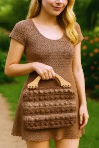 Mujer rubia posa en un jardín florido, vistiendo un vestido largo tejido a crochet en tonos tierra con delicados calados. En su mano derecha sostiene una cartera tejida a crochet en una combinación de beige, terracota y marrón suave, a juego con el vestido y de tamaño mediano. Flores y follaje verde de fondo realzan el ambiente artesanal y la armonía cromática de la escena.
