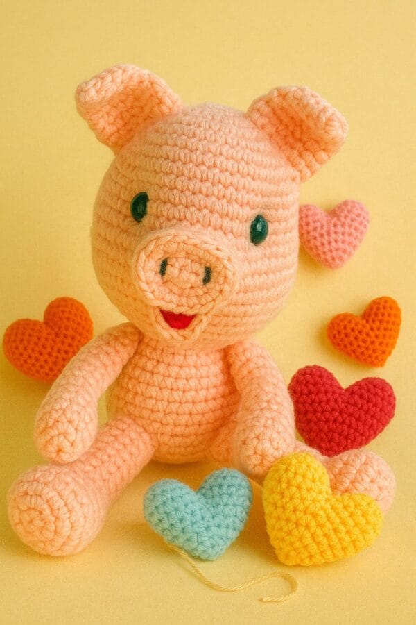 cerdita amigurumi en color rosa con corazones tejidos