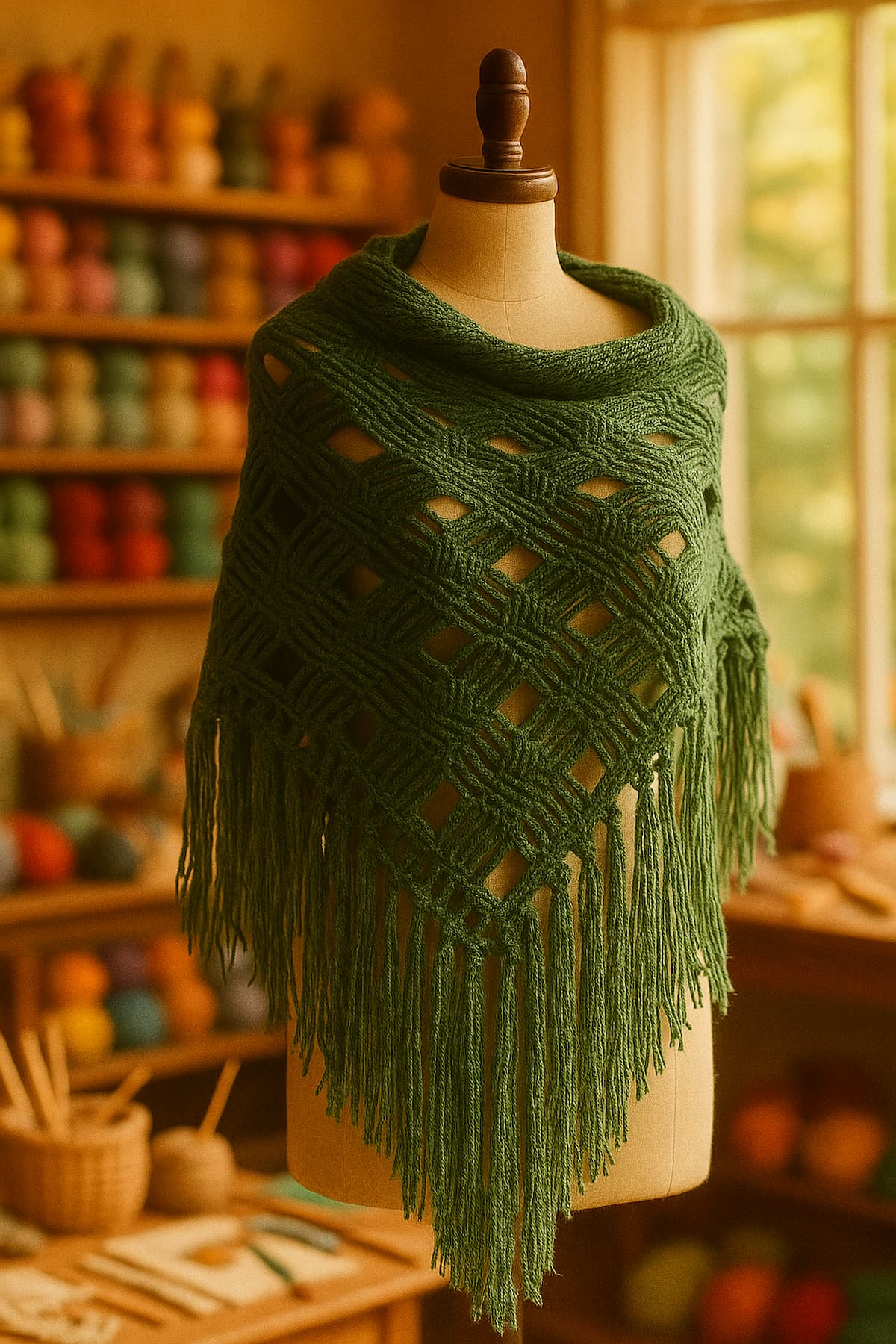 "Chal tejido a crochet en color verde musgo, exhibido sobre un maniquí en un taller de tejido con herramientas y ovillos en el fondo. La prenda destaca por su textura calada y flecos largos."