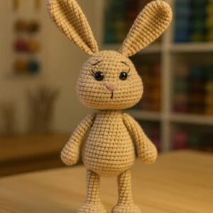 Conejito amigurumi tejido a crochet en color beige, posado sobre una mesa en un taller artesanal, con fondo neutro e iluminación suave que resalta los detalles del punto.