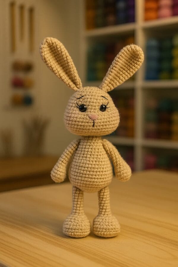 Conejito amigurumi tejido a crochet en color beige, posado sobre una mesa en un taller artesanal, con fondo neutro e iluminación suave que resalta los detalles del punto.