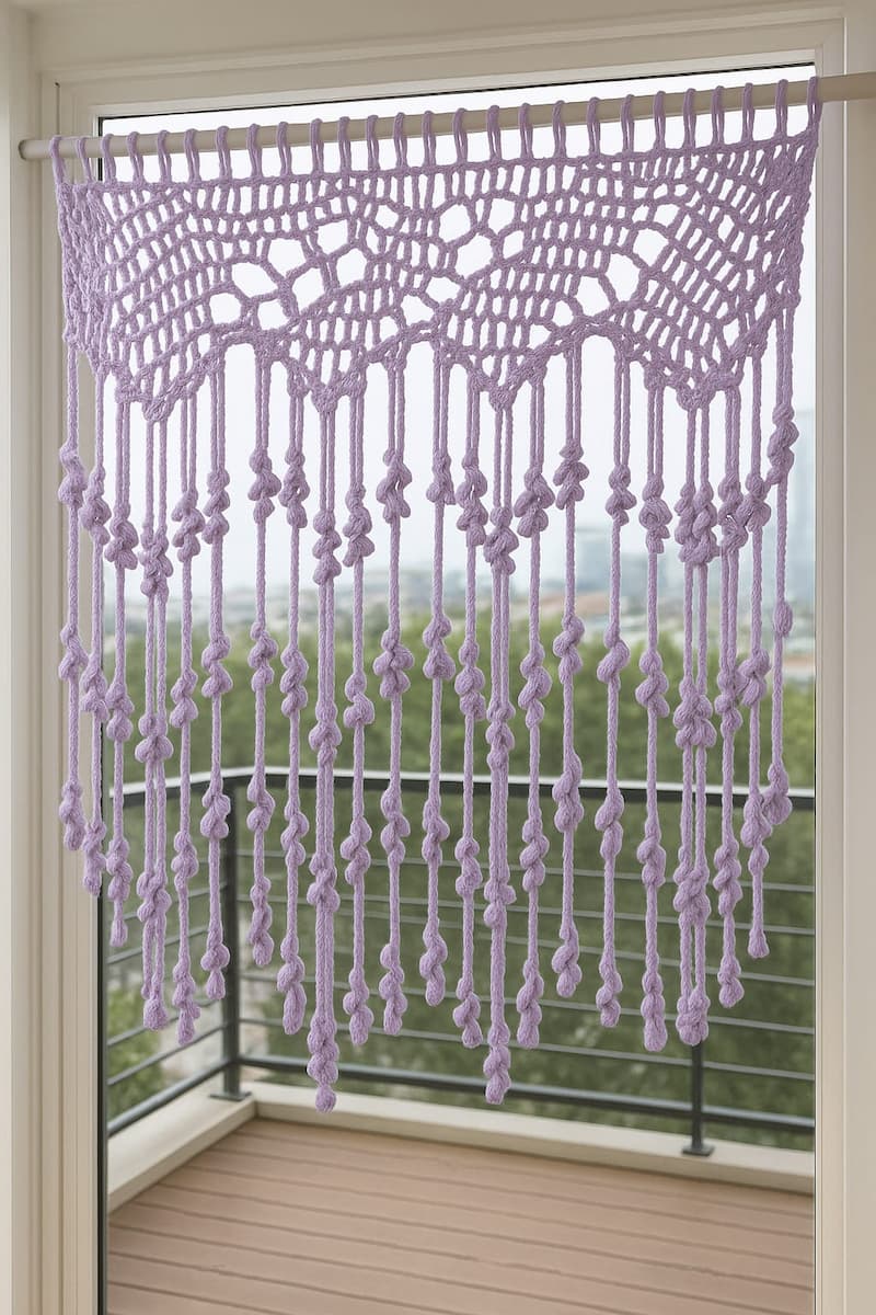 cortina en color lila para balcon tejida en crochet