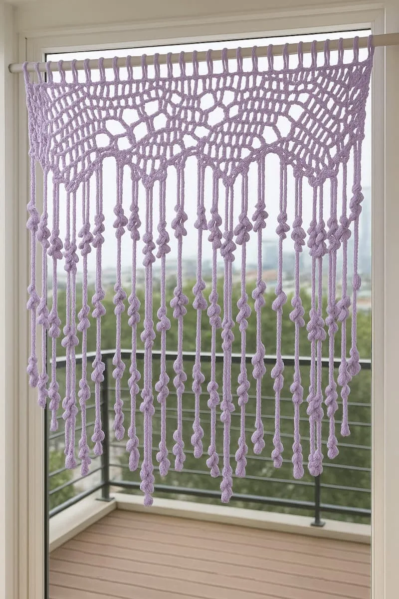 cortina en color lila para balcon tejida en crochet