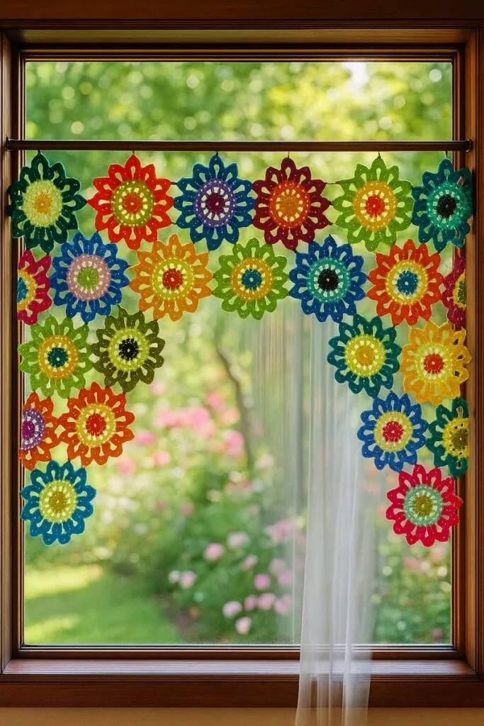 Cortina artesanal de crochet compuesta por flores multicolores colgando de un ventanal de madera, con vista a un jardín lleno de flores y vegetación.