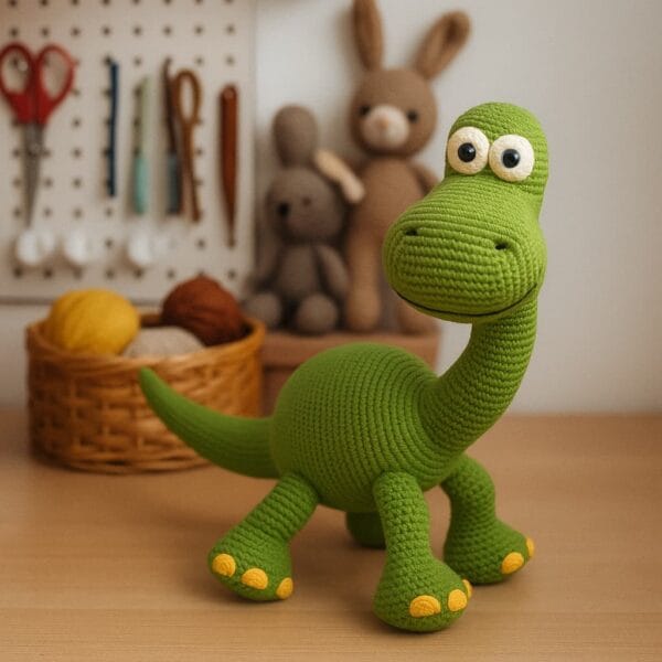Amigurumi de dinosaurio verde tejido a crochet, inspirado en Arlo, sentado en un taller artesanal rodeado de materiales de tejido.