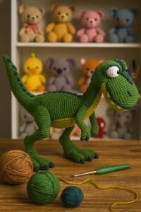 Dinosaurio T-Rex amigurumi tejido a crochet en color verde con panza amarilla, sobre una mesa de taller rodeado de ovillos de lana, aguja de crochet y estantería con otros muñecos tejidos.