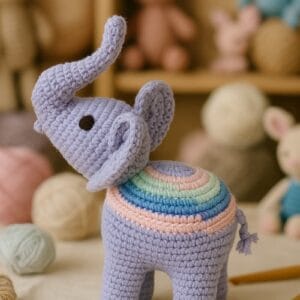 Elefante amigurumi tejido a crochet en tonos pastel, con trompa levantada y detalles de colores en el lomo. Está sobre una mesa rodeado de ovillos de lana y agujas, en un entorno de taller artesanal