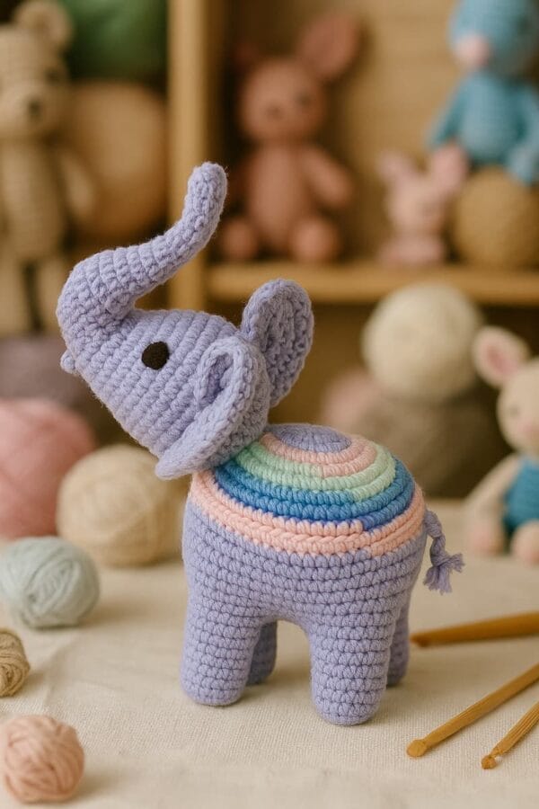 Elefante amigurumi tejido a crochet en tonos pastel, con trompa levantada y detalles de colores en el lomo. Está sobre una mesa rodeado de ovillos de lana y agujas, en un entorno de taller artesanal