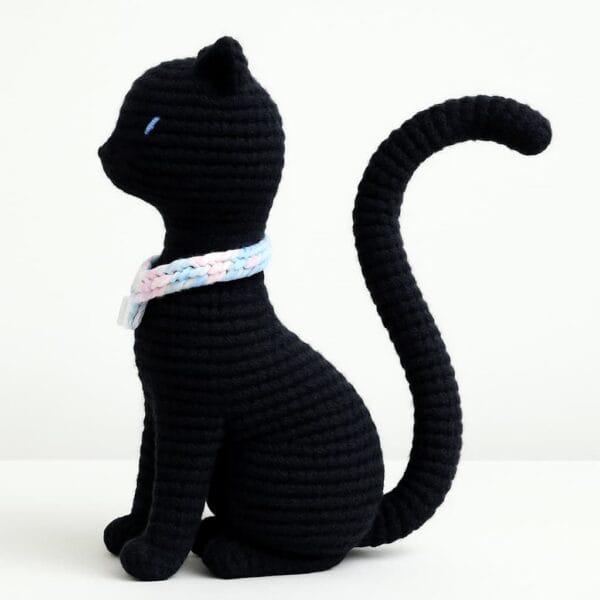 Primer plano de una gata amigurumi a crochet, tejida con detalles complejos y acabado profesional, demostrando un patrón avanzado para expertas