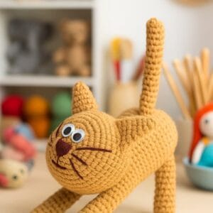 Gatito amigurumi tejido a crochet en color marrón claro, con ojos saltones, hocico bordado y cola levantada, posando sobre una mesa en un taller de muñecos tejidos.
