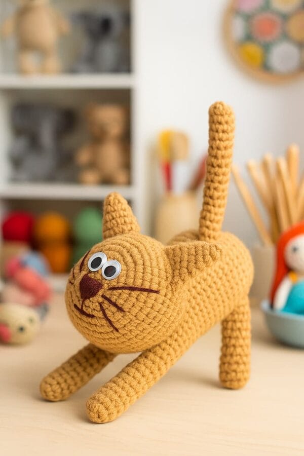 Gatito amigurumi tejido a crochet en color marrón claro, con ojos saltones, hocico bordado y cola levantada, posando sobre una mesa en un taller de muñecos tejidos.