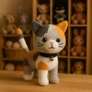 Gato amigurumi tejida a crochet en tonos gris, blanco y naranja, posada sobre una mesa de madera clara, con un estante al fondo lleno de otros muñecos tejidos y materiales de un taller artesanal de crochet.