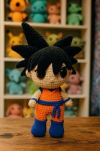 Muñeco amigurumi de Goku tejido a crochet, sobre una mesa de madera en un taller con estantería al fondo llena de otros muñecos coloridos.