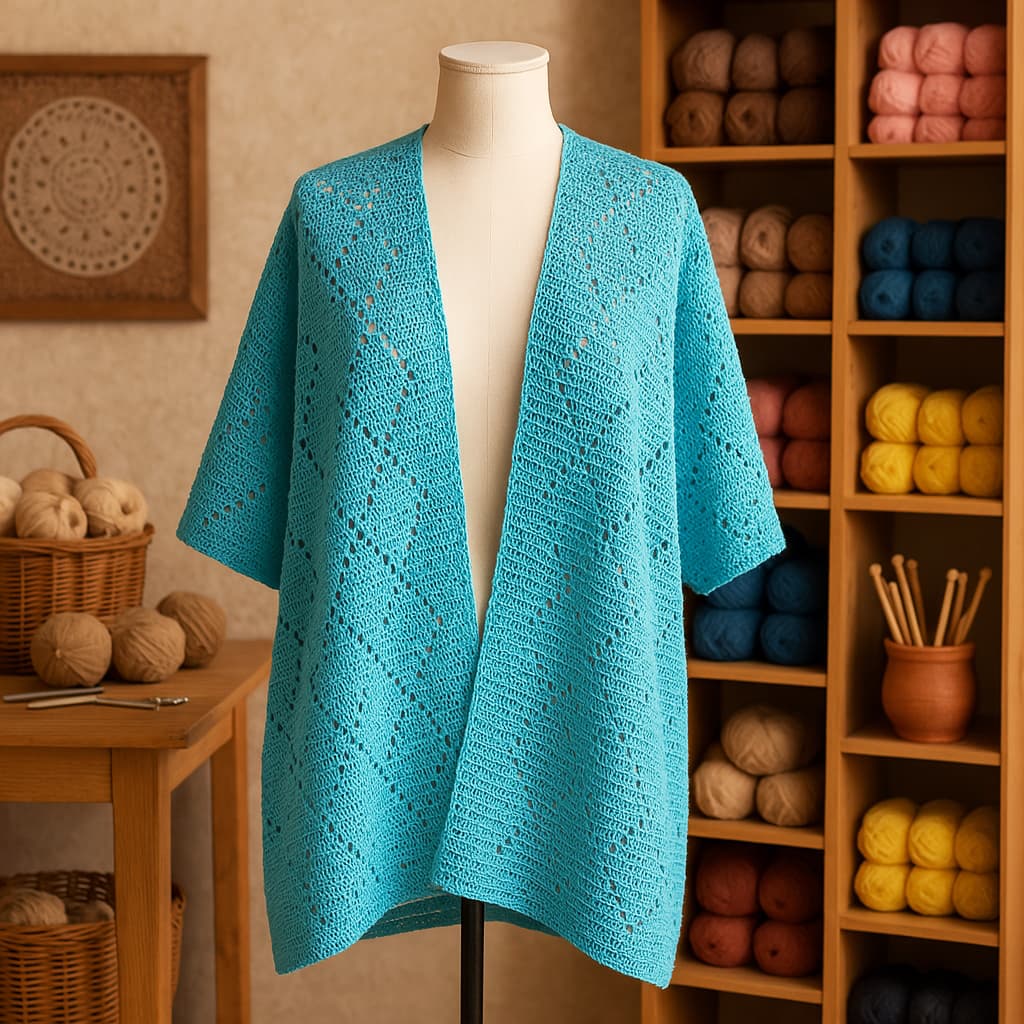 Kimono a crochet en color celeste turquesa sobre un maniquí, exhibido en un taller artesanal con estantes de hilos, ovillos de lana y herramientas de tejido al fondo.