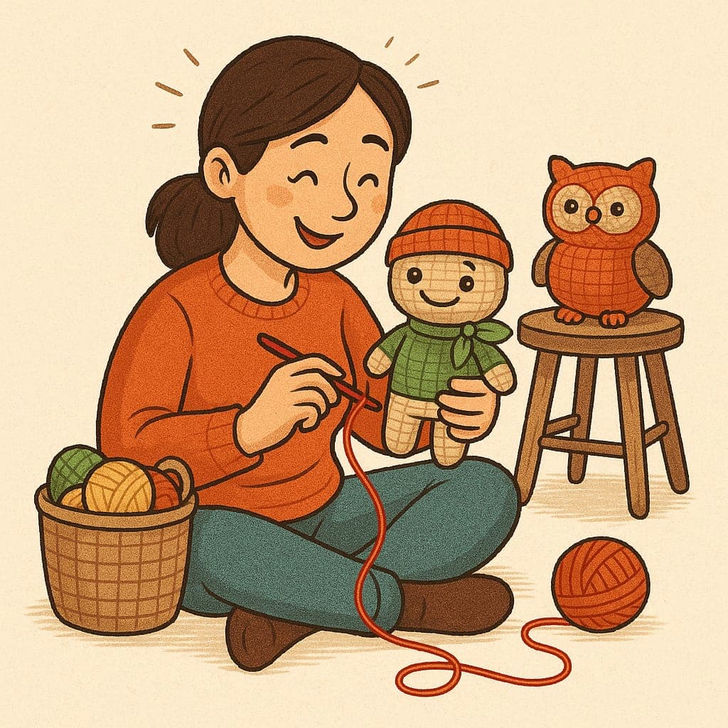 Mujer tejiendo un amigurumi a crochet con lana de colores, sentada en el suelo junto a una canasta y un búho tejido sobre un banquito.