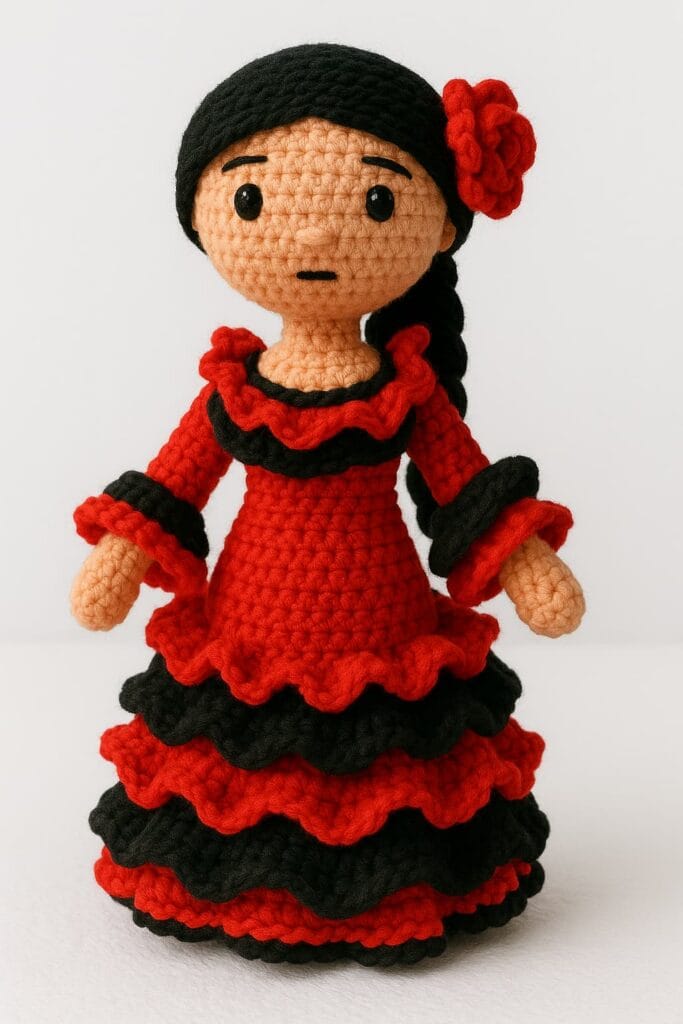 "Muñeca amigurumi vestida de flamenca, tejida a crochet con vestido rojo y negro de volados, cabello negro con flor roja, sobre fondo blanco."