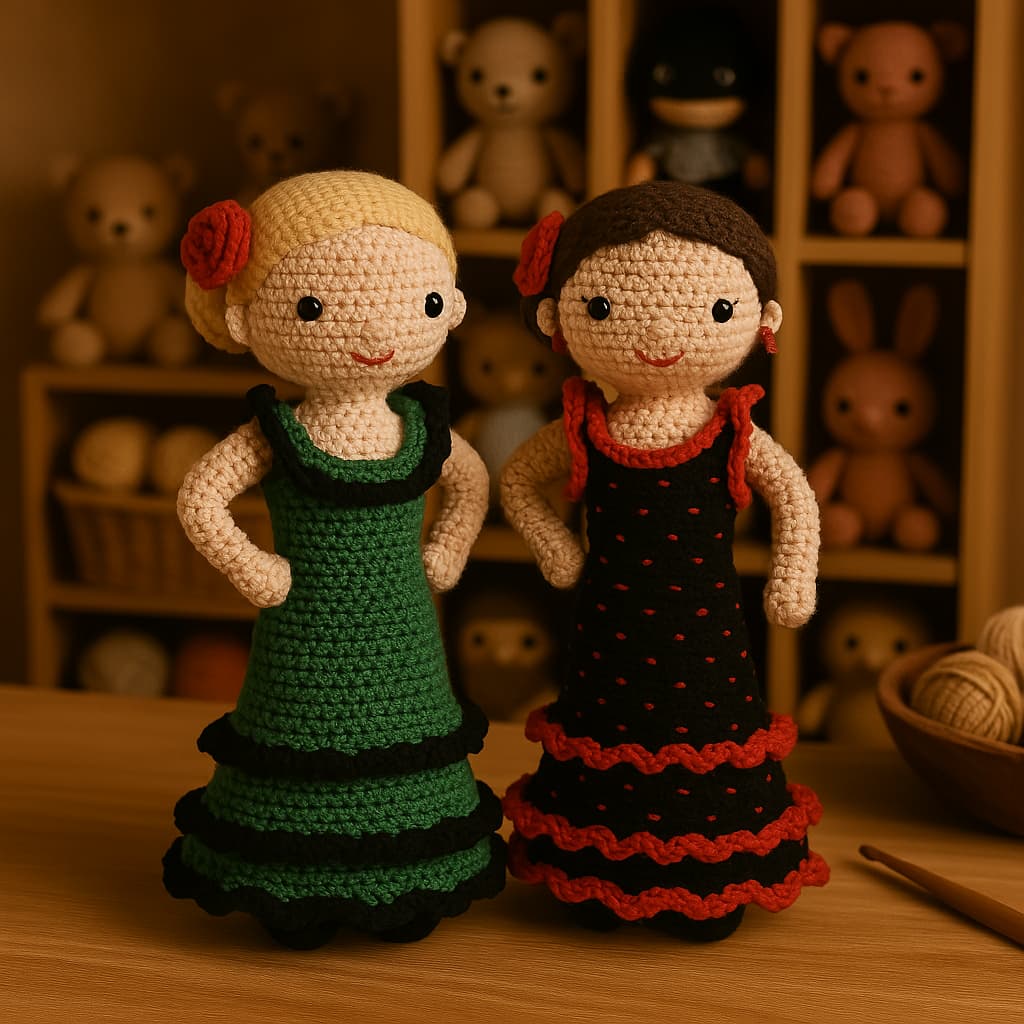 Dos muñecas amigurumis tejidas a crochet sobre una mesa de madera en un taller artesanal: una vestida con traje verde y vuelos negros, y la otra con su traje original. Al fondo, estanterías con ovillos de hilo y materiales de tejido.