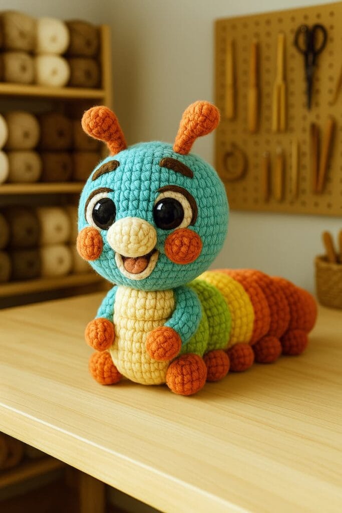 Oruga tejida a mano con cabeza de color turquesa claro, cuerpo segmentado en tonos tierra, sin la hoja decorativa original. Está posada sobre una mesa de trabajo en un taller artesanal de amigurumis, rodeada de ovillos de lana, agujas de crochet y detalles cálidos que evocan el ambiente creativo y hecho a mano del espacio.