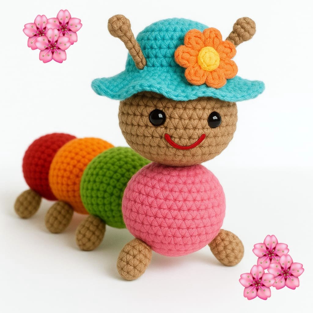Oruga amigurumi tejida a crochet con cabeza marrón y segmentos de cuerpo rosa, verde, naranja y rojo. Lleva un sombrero azul con una flor naranja y tiene antenas y una sonrisa.