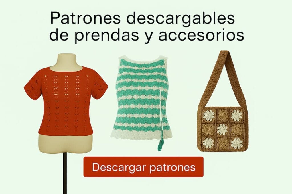 Imagen horizontal con el texto en español “Patrones descargables de prendas y accesorios”. Se muestran tres piezas tejidas: a la izquierda, un top rojo calado exhibido en un maniquí; al centro, un top sin mangas con diseño geométrico en verde y blanco, decorado con dos hojas tejidas colgando del escote; a la derecha, una cartera cuadrada tejida en tonos tierra con correa ancha. La escena destaca la diversidad de técnicas y la estética artesanal del crochet.