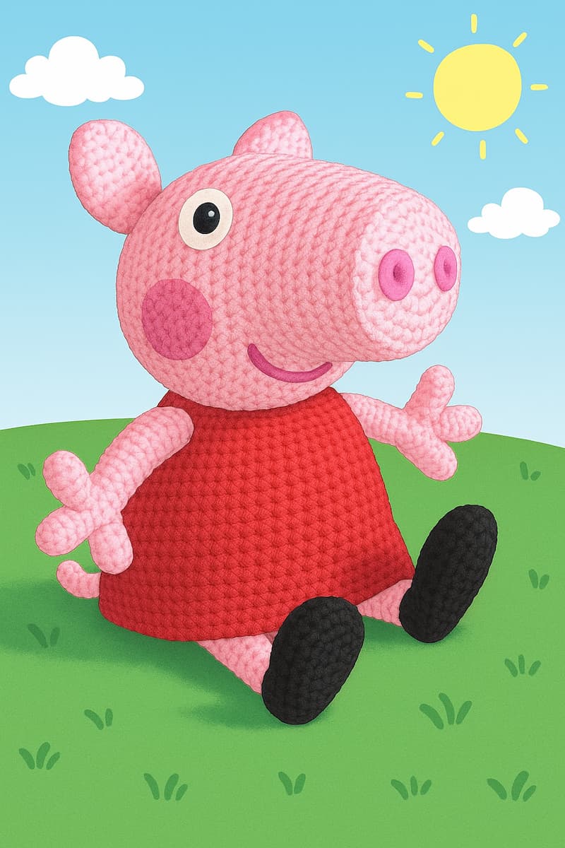 Muñeco amigurumi de Peppa Pig tejido a crochet, sentado sobre césped verde con cielo azul de fondo, en una escena infantil colorida y alegre