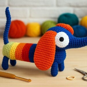 Amigurumi de perro salchicha tejido a crochet con hilo marrón, posado sobre una mesa de taller rodeado de herramientas de tejido, ovillos de lana de colores vibrantes y detalles artesanales que evocan un espacio creativo dedicado al arte del crochet.
