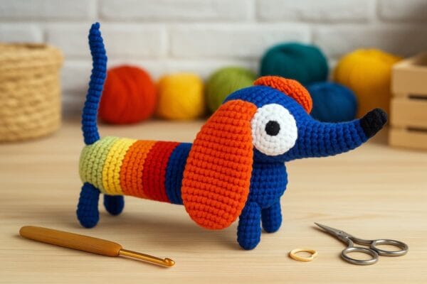 Amigurumi de perro salchicha tejido a crochet con hilo marrón, posado sobre una mesa de taller rodeado de herramientas de tejido, ovillos de lana de colores vibrantes y detalles artesanales que evocan un espacio creativo dedicado al arte del crochet.