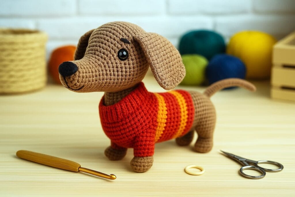 perro salchicha amigurumi tejido a crochet, luciendo un suéter rojo con rayas naranjas, sobre una mesa de taller rodeada de ovillos de lana multicolores, agujas de crochet y elementos típicos de un espacio creativo artesanal.