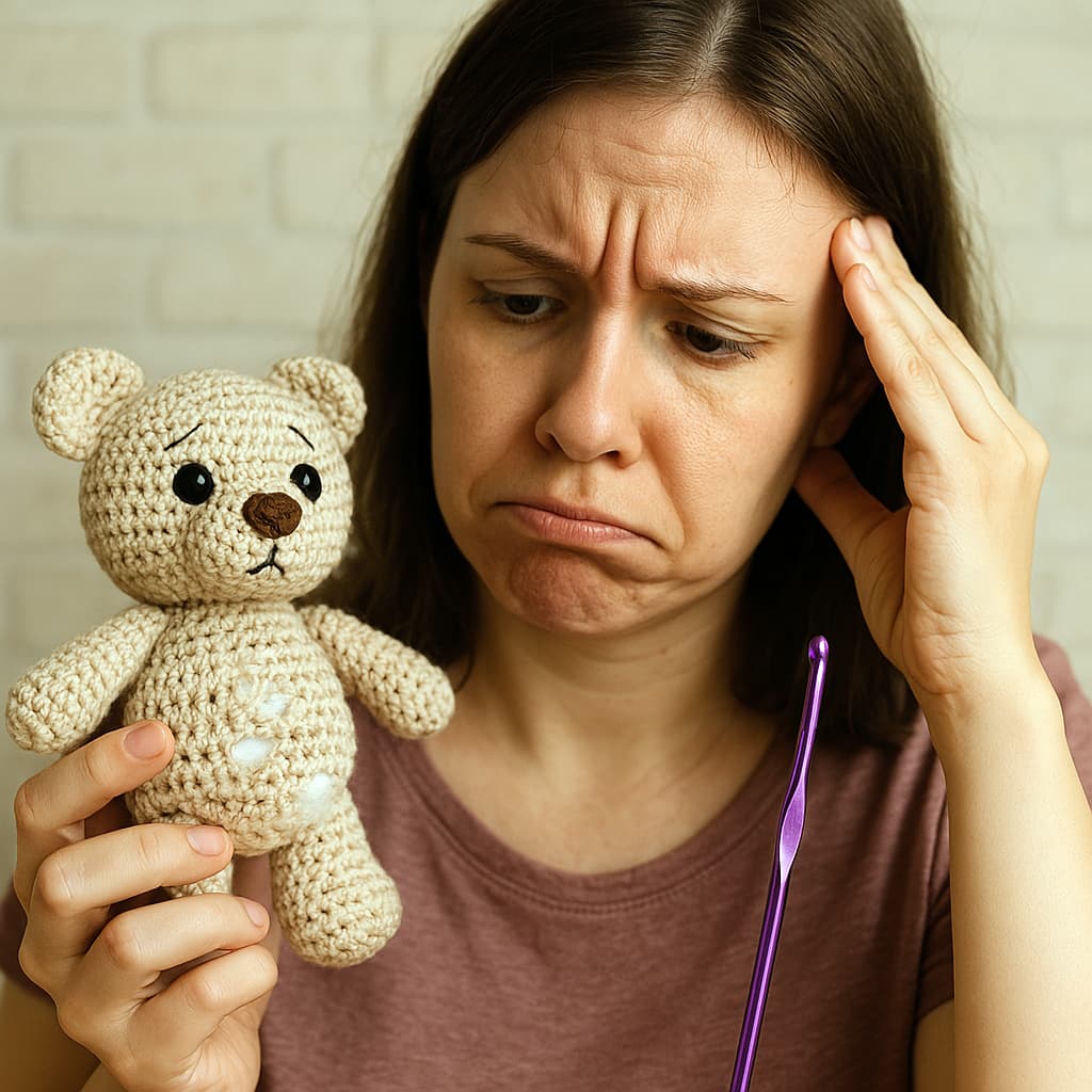 Primer plano de un amigurumi de estilo casero con puntadas visiblemente desparejas: algunas están flojas, otras muy apretadas, y se puede ver un poco el relleno asomando entre los puntos. El muñeco está apoyado sobre una superficie clara, y a su lado hay una aguja de crochet, dando contexto de que aún está en proceso o recién terminado.