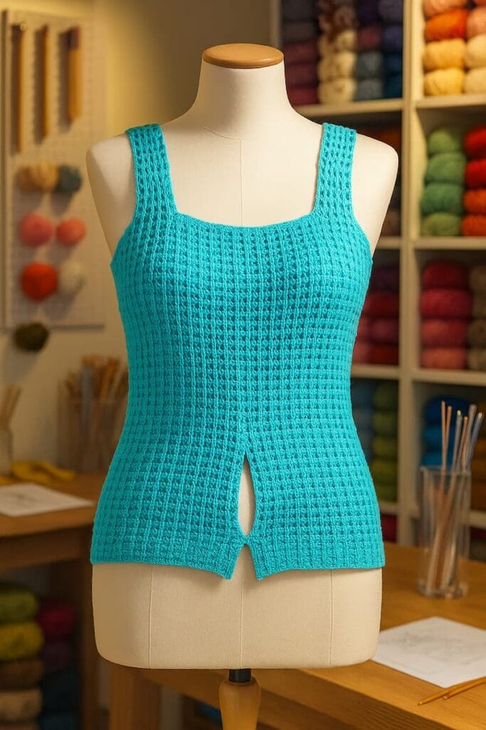 Remera musculosa tejida a crochet en color turquesa, exhibida sobre maniquí en un taller de tejidos, con luz cálida que resalta los detalles del punto.