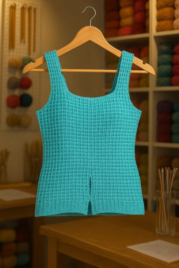 Remera musculosa tejida a crochet en color natural, colgada en una percha dentro de un taller artesanal, con buena iluminación que resalta la textura del punto.