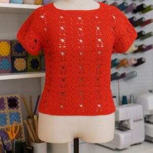 Remera roja tejida a crochet con punto calado, exhibida sobre maniquí en un taller de tejido, ideal como prenda liviana para el verano.