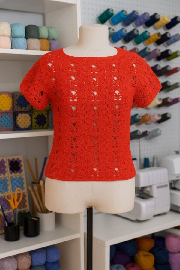 Remera roja tejida a crochet con punto calado, exhibida sobre maniquí en un taller de tejido, ideal como prenda liviana para el verano.