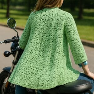 saco folk largo tejido a crochet en color verde claro