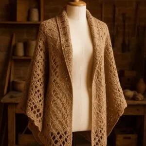 Saco irregular tejido a crochet en tonos neutros, con diseño de ondas y mangas largas, exhibido en un maniquí sobre fondo de taller artistico