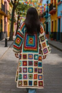 Mujer de espaldas con cabello largo y oscuro, luciendo un saco largo tejido a crochet con cuadros multicolores, caminando por una calle peatonal decorada con edificios y banderines coloridos.
