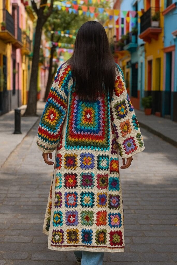 Mujer de espaldas con cabello largo y oscuro, luciendo un saco largo tejido a crochet con cuadros multicolores, caminando por una calle peatonal decorada con edificios y banderines coloridos.