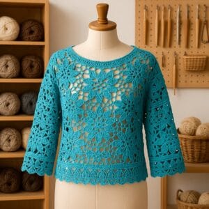 Prenda tejida en crochet color azul turquesa colocada sobre un maniquí, destacándose en un entorno cálido de taller artesanal, con herramientas de tejido y detalles decorativos en segundo plano.